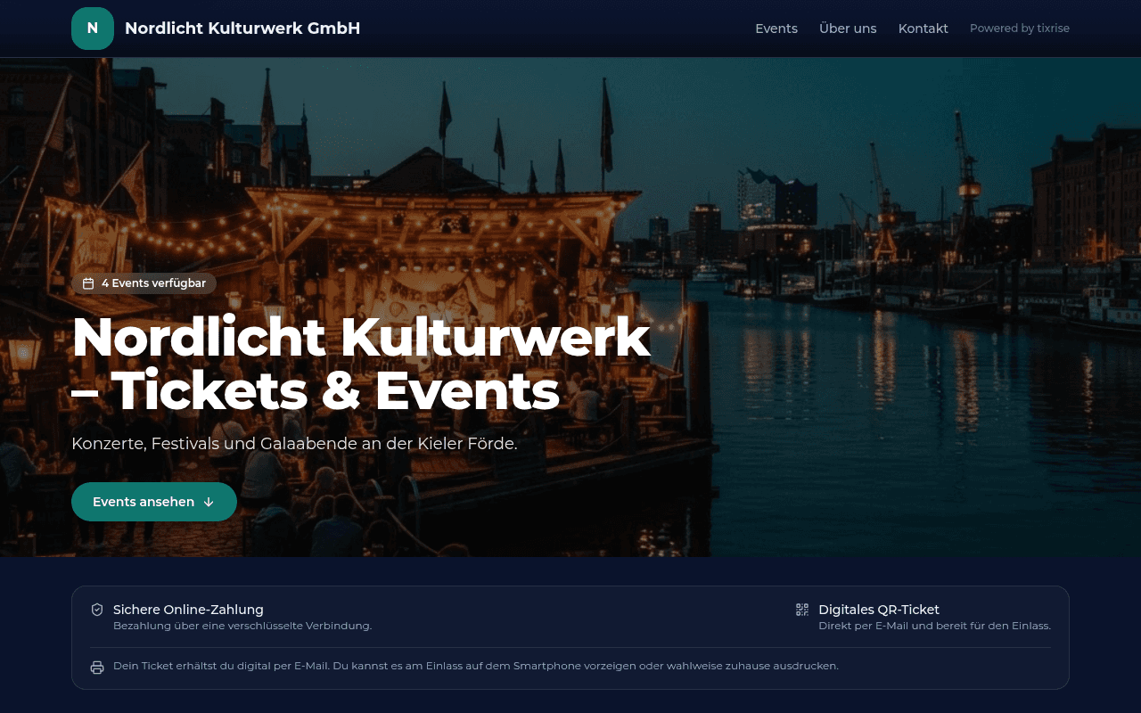 tixrise-Shop mit Eventübersicht im eigenen Branding